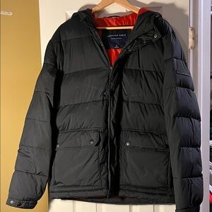 American Eagle Outfitters Black Puffer Jacket with Red Interior